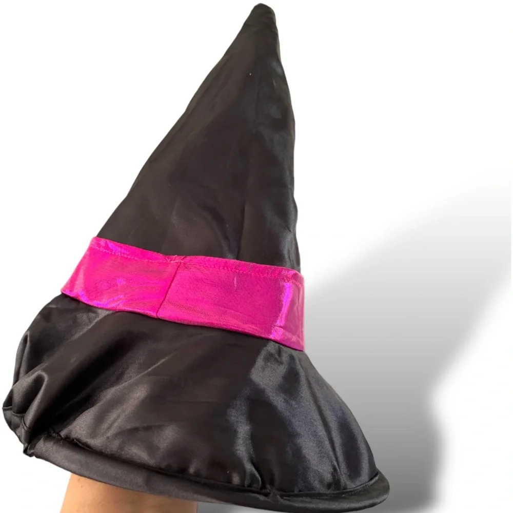 Crooked Witch Halloween Hat Kids OS Black Satin Purple Lace-Up Pink Bow